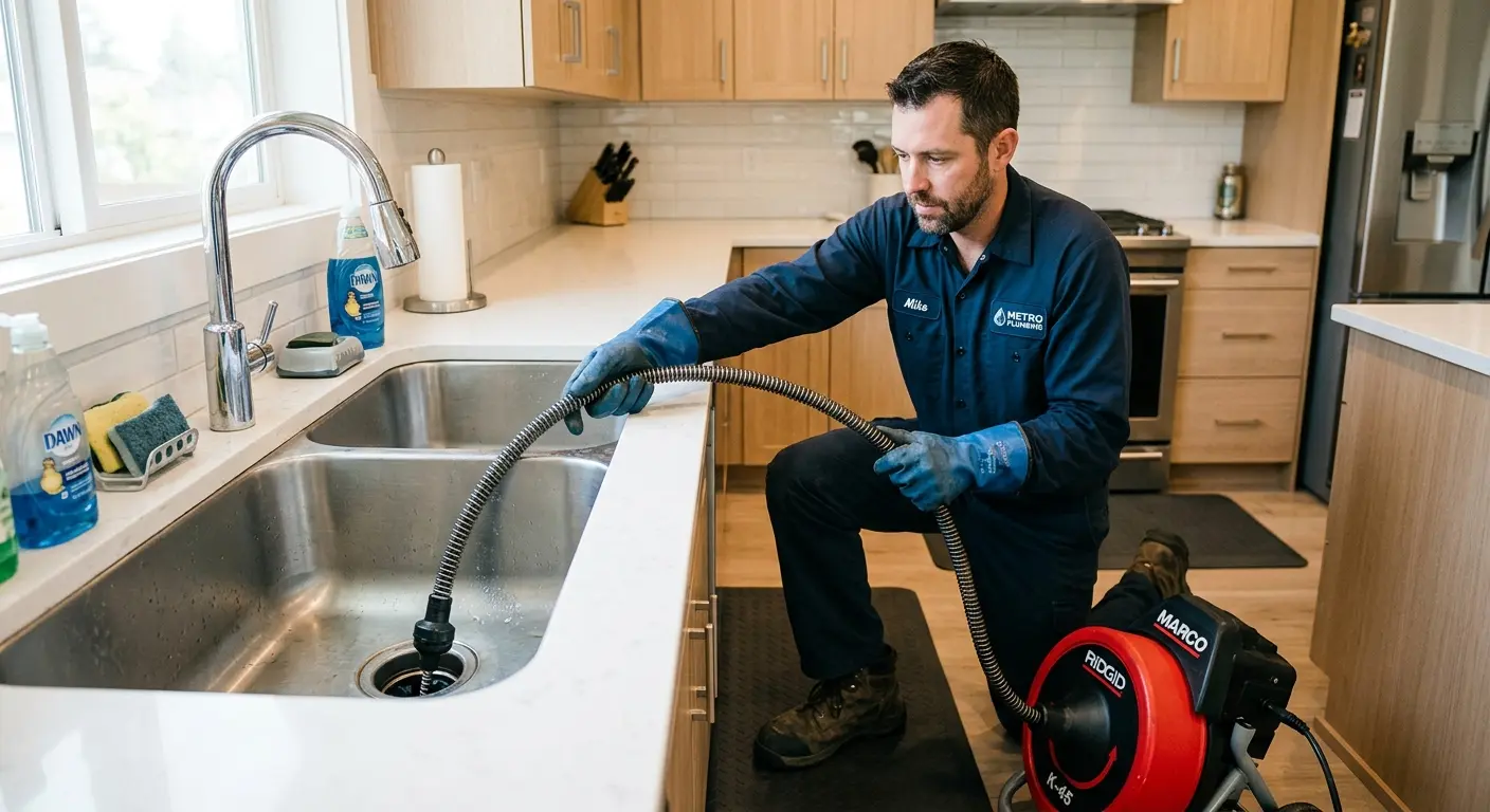 Drain cleaning technician using a motorized snake on a kitchen sink in Forest Hill