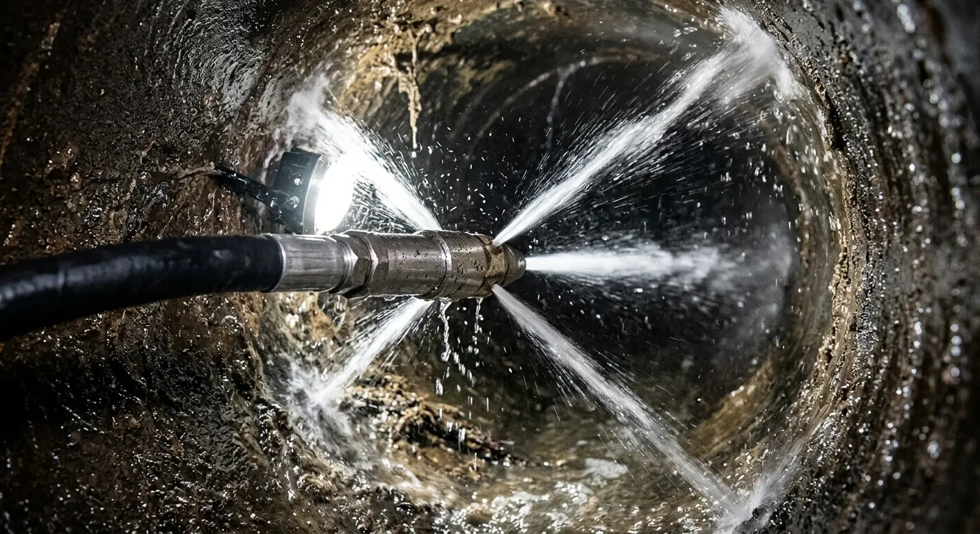 High-pressure hydro jetting nozzle cleaning sewer pipe for Sewer Cleanout in Forest Hill