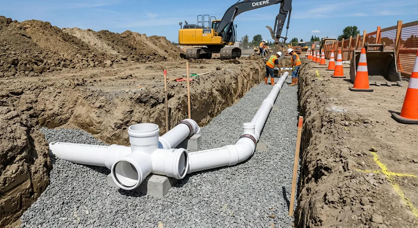 New PVC sewer pipe installation in open trench for Commercial Drain Cleaning in Forest Hill