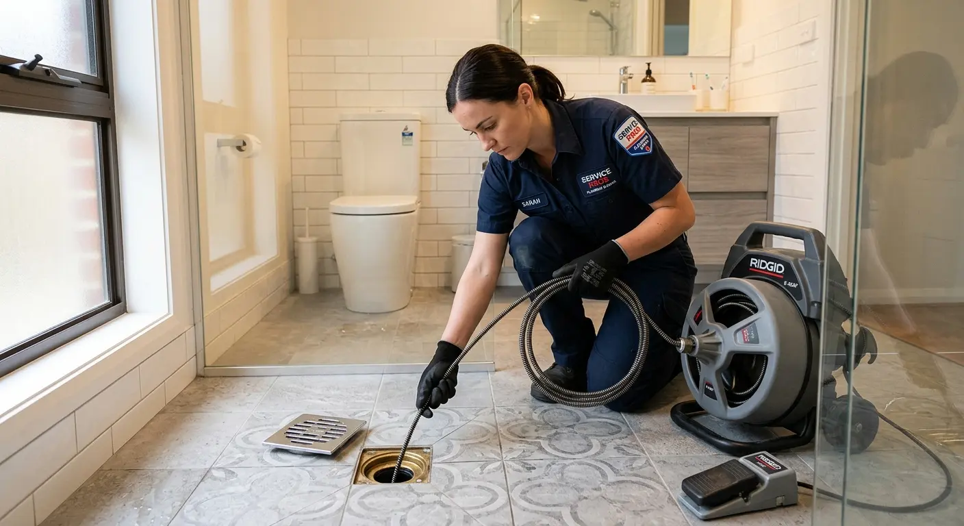 Technician clearing a bathroom floor drain for Sewer Line Replacement in Forest Hill